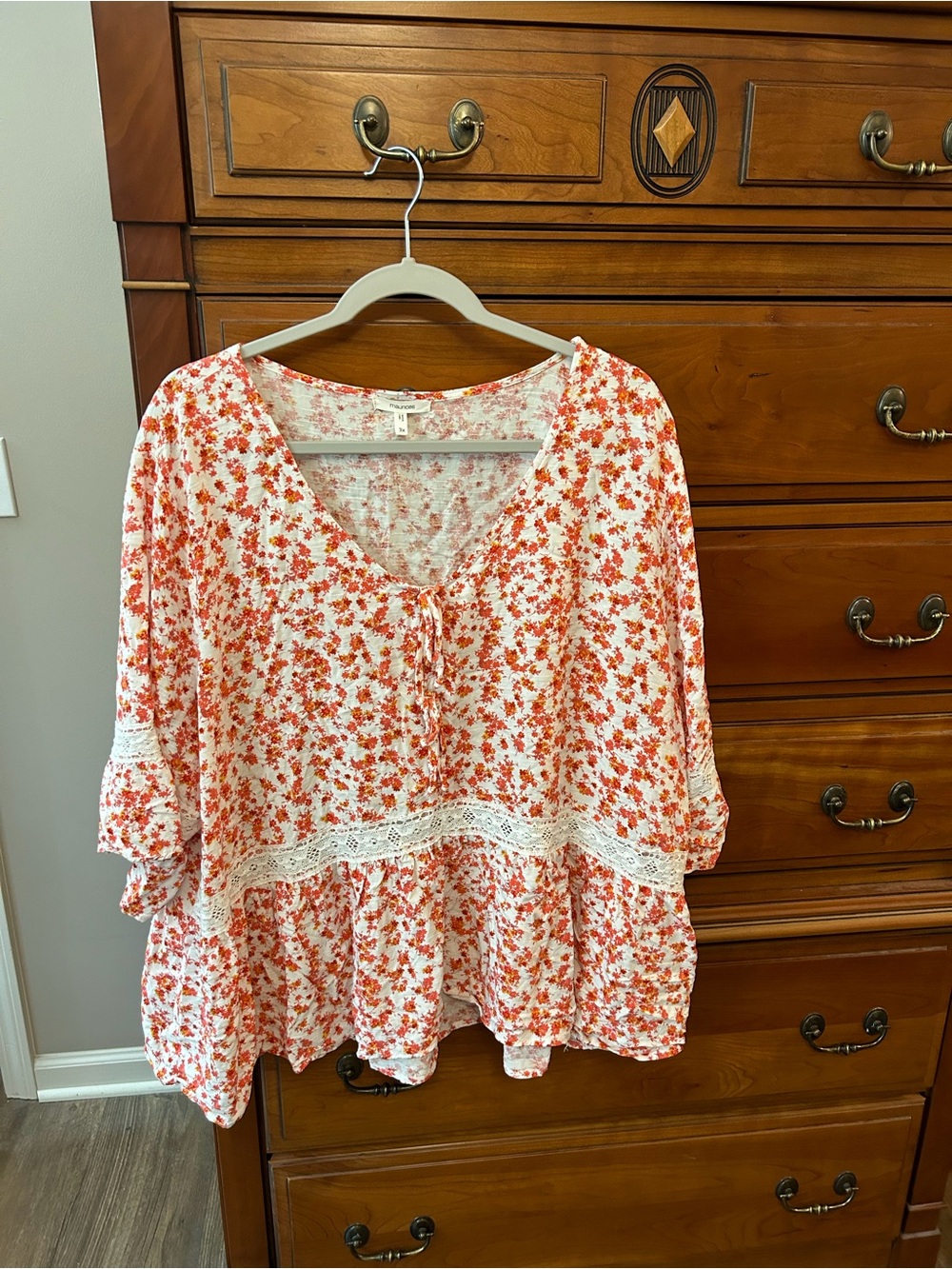 Maurices White and Orange Floral Tie-Neck Peasant Top